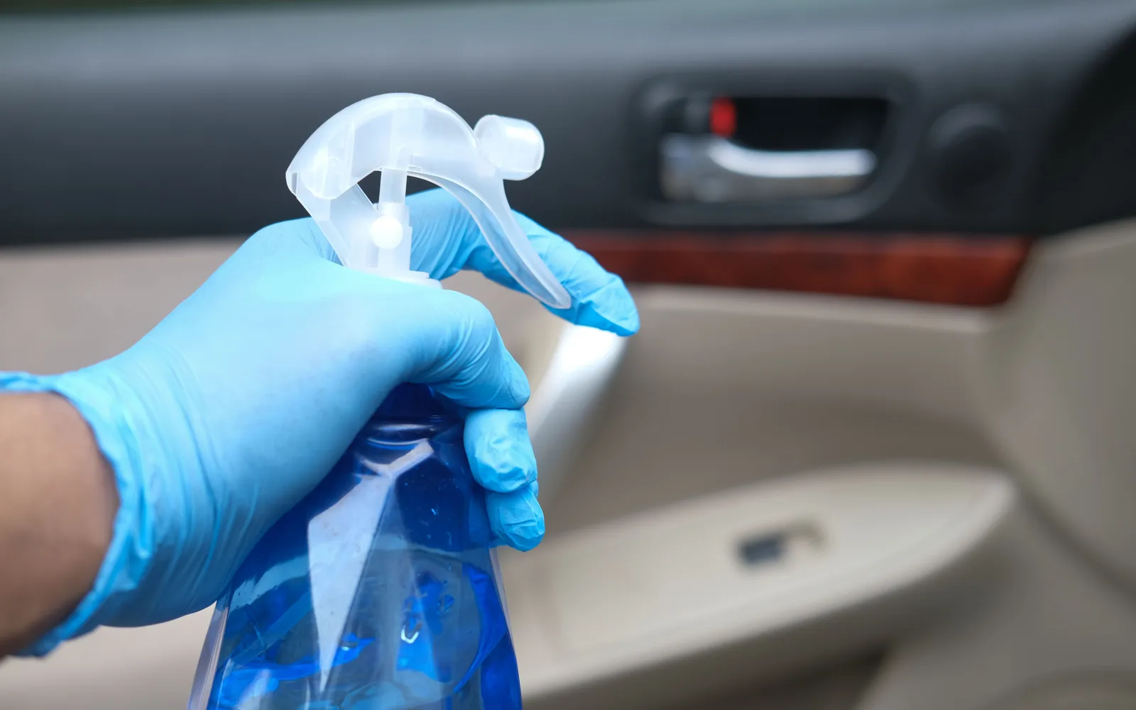 Pulvérisateur et gant sur un panneau de porte intérieur